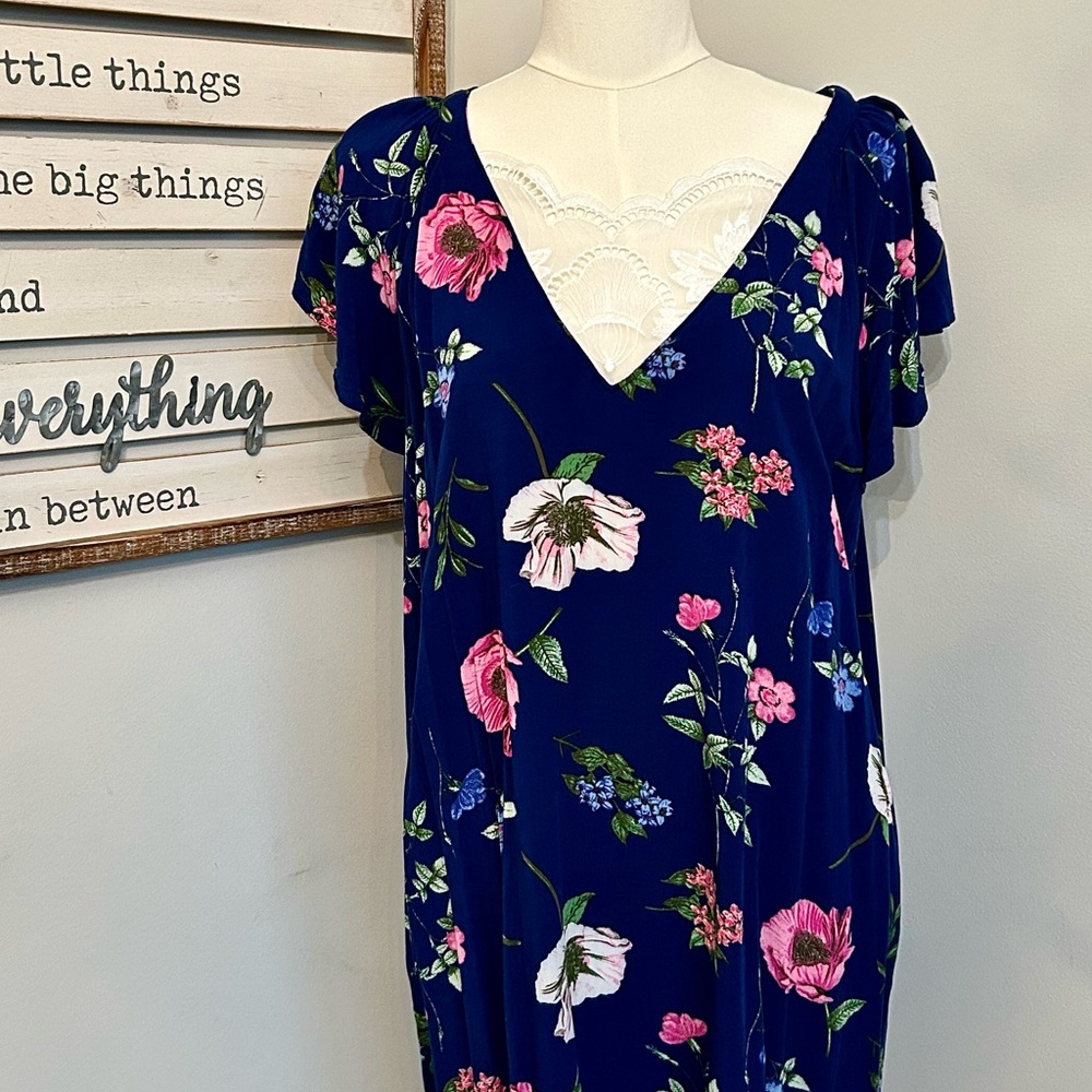Dark Blue Dress Large Floral Print V-neck Short Sleeve Lace Yoke Soft Size XL